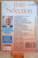 Reader's Digest Selection Janvier 1993 Les odyssees du commandant Cousteau. Europe 93. Leucemie